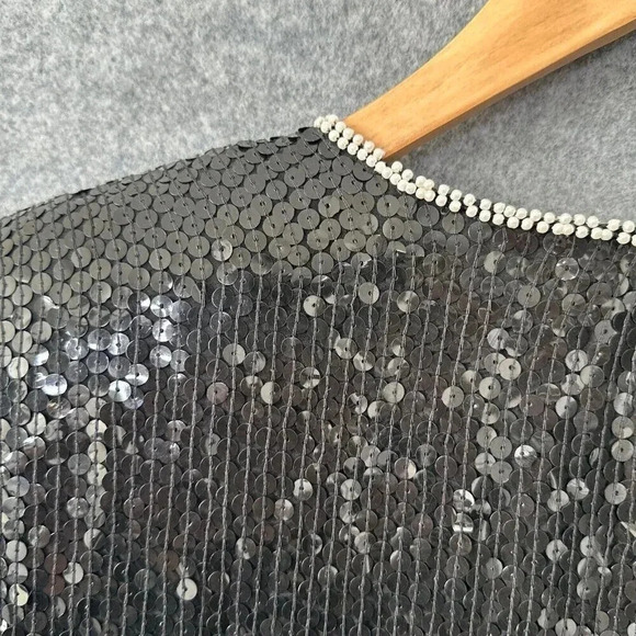 Vintage Sarin Sequin Top Womens S / M Beaded Black Silver Floral Silk 80s Blouse - Picture 11 of 15